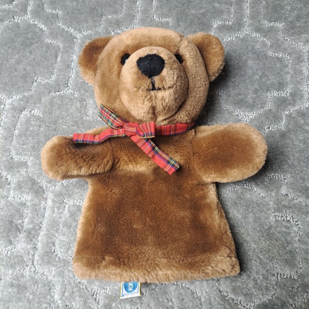 Vtg Dakin Brown BEAR Plush 1985 Hand Puppet 11" tartan plaid bowtie travel toy